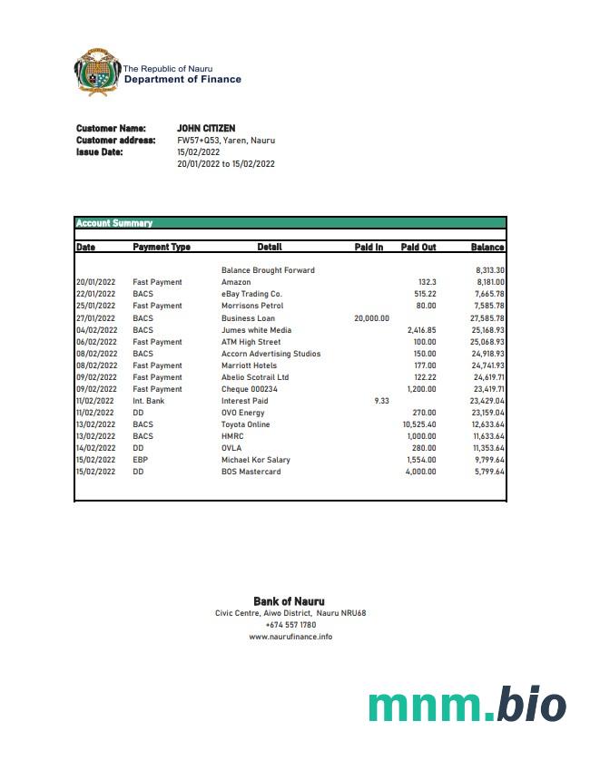 Nauru Bank of Nauru wyciąg bankowy Excel and PDF template